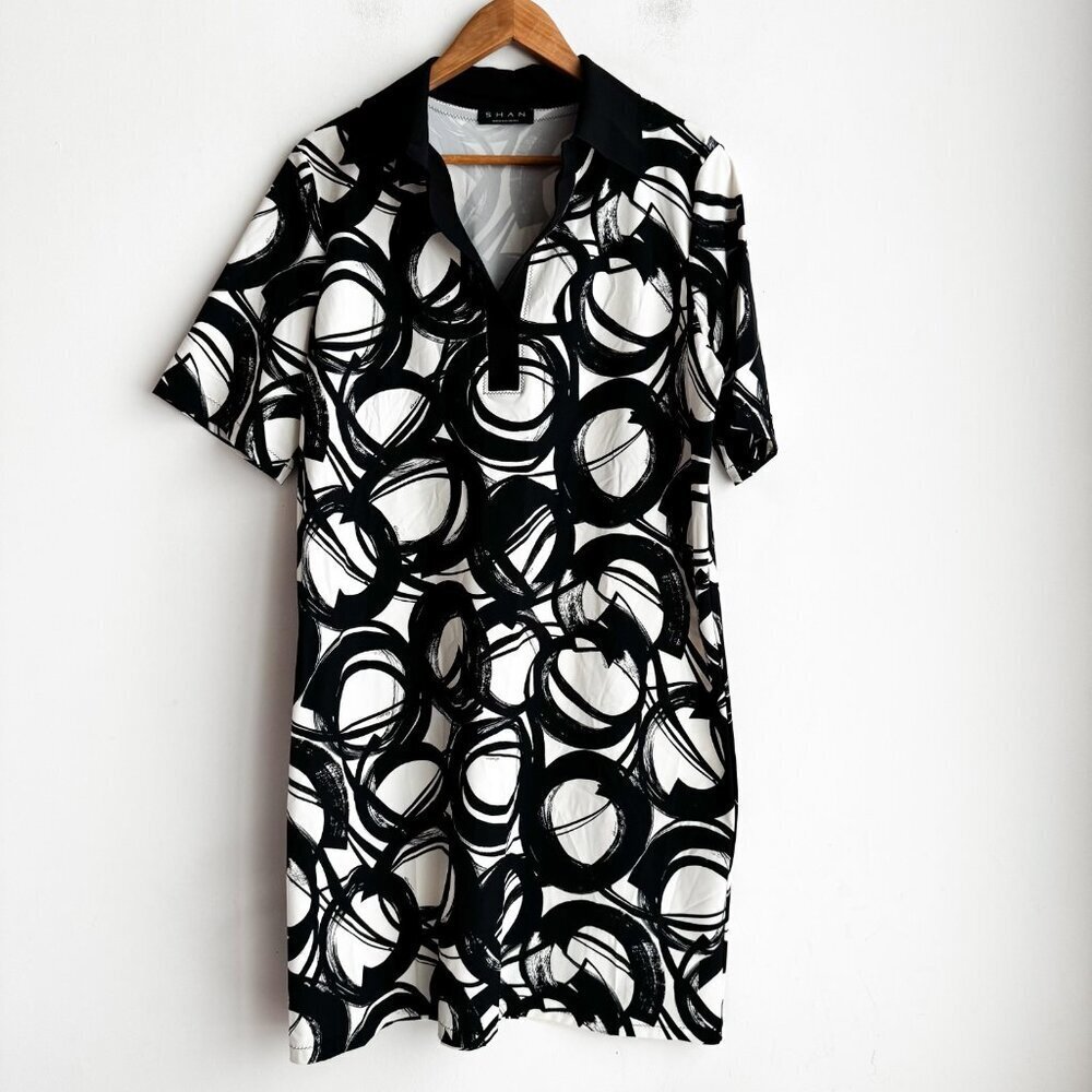 Shan Black White Geometric Print Scuba Fabric Dress XL - Picture 2 of 6